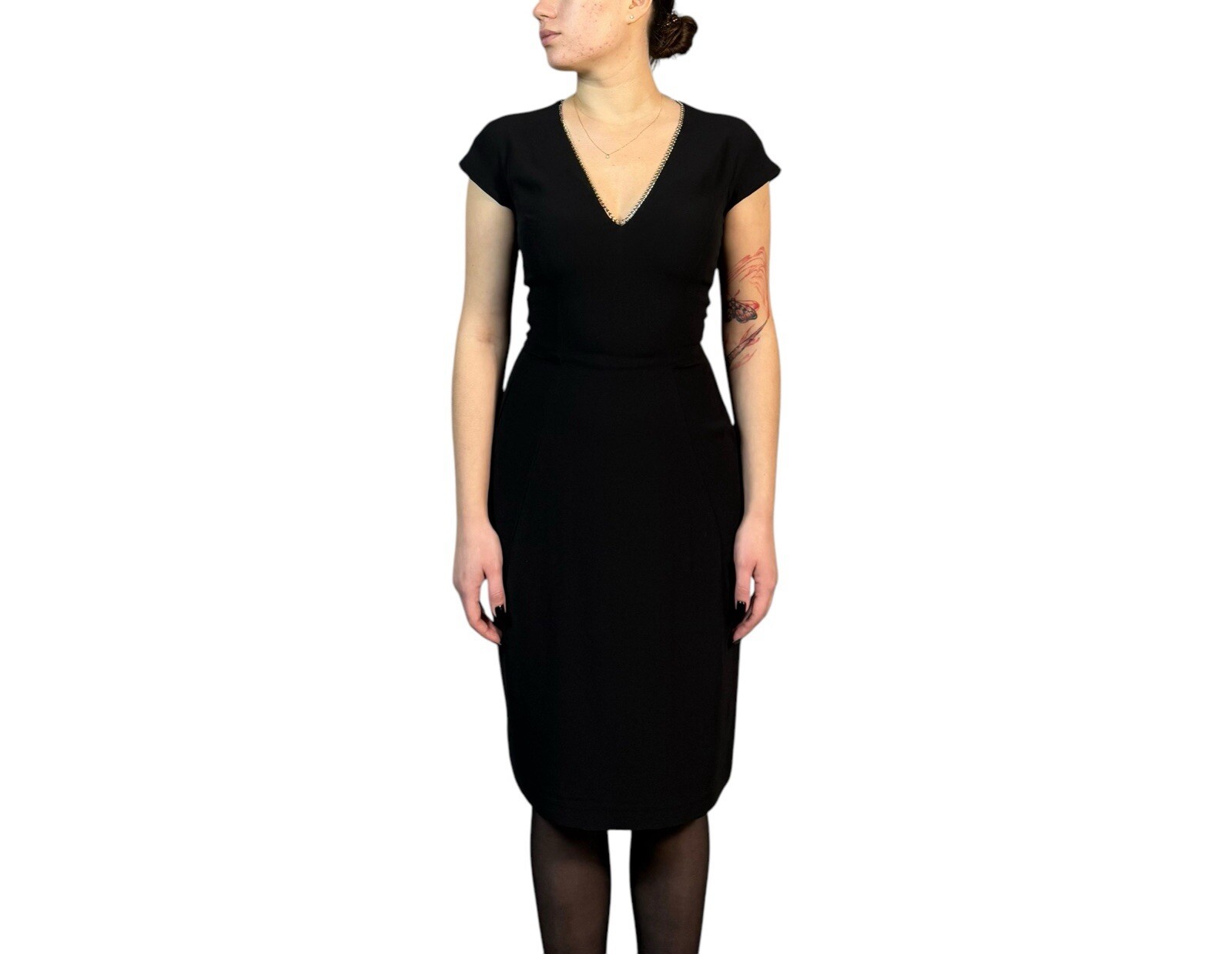 Abito corto donna Yves Saint Laurent senza maniche crepe collo a catena nero taglia 38