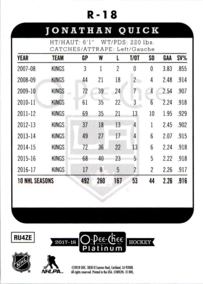 2017-18 O-Pee-Chee Platinum Retro Jonathan Quick #R-18 - Image 2 of 2