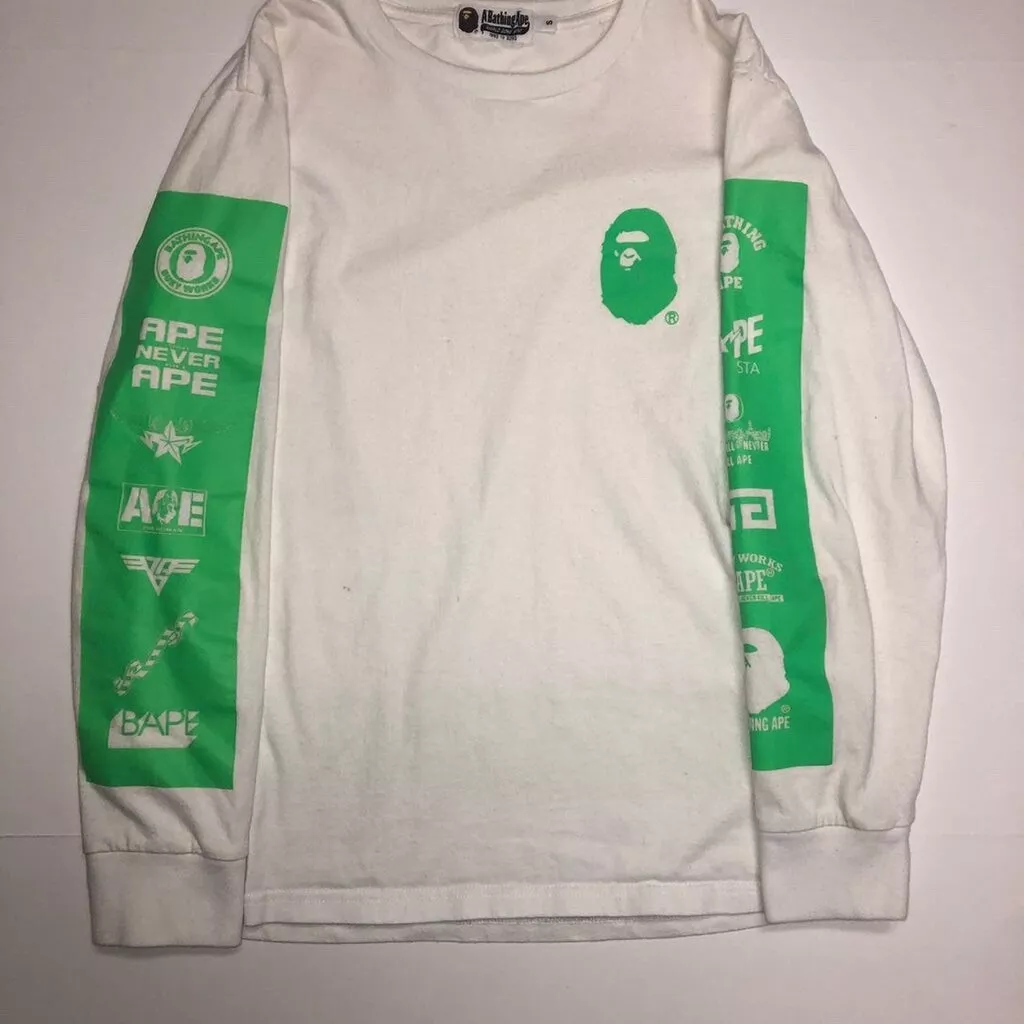 Bape All Logos Long Sleeve Graphic T-Shirt White/Neon Green Size S