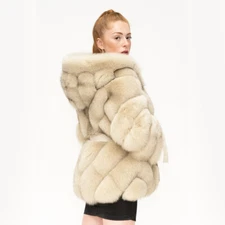 Women Real Natural Fox Fur Coat Lapel Winter Hood Jacket Full Pelt Fur Overcoat
