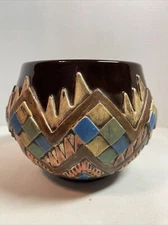 Vintage Planter Pot Garden Bowl Geometric Pattern Multi Colored Signed 83 RL.