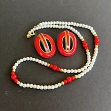 Necklace 18 Red Faux Pearl Acrylic Bead, GoldTone Red Enamel Pierced Earrings