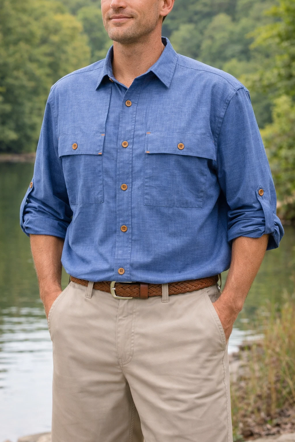 Orvis Fishing Shirt Mens L Blue Vented Mesh Back Roll TAb Sleeves Outdoor Hiking