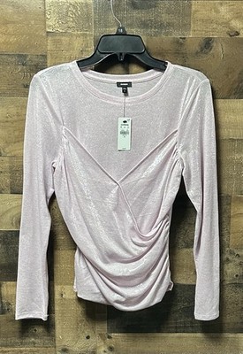 NEW Express Women s Pink Fitted Shine Crew Neck Faux Wrap Front Tee Size M