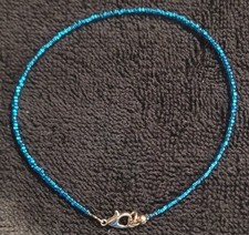 Handcrafted Metallic Blue Seed Bead Anklet With Lobster Clasp 10.25"