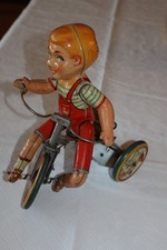 Vintage Unique Art Tin Litho Wind-Up Kiddy Cyclist Boy on Tricycle USA Working