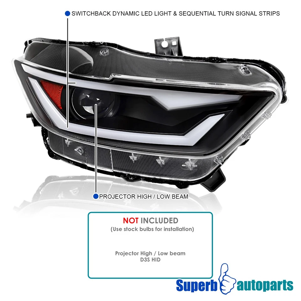 Fits 2015-2022 Ford Mustang Black Projector Headlights Shelby Switchback LED - Изображение 3 из 4