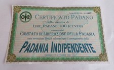CERTIFICATO PADANO 100 lire padane LEGA NORD 1996 PADANIA INDIPENDENTE