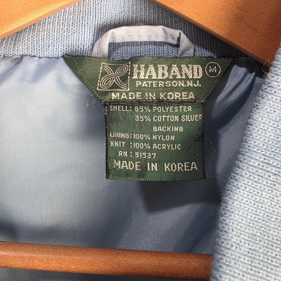 Jaqueta masculina vintage Haband azul claro média abotoada malha cabo acento casaco bombardeiro - Imagem 3 de 4