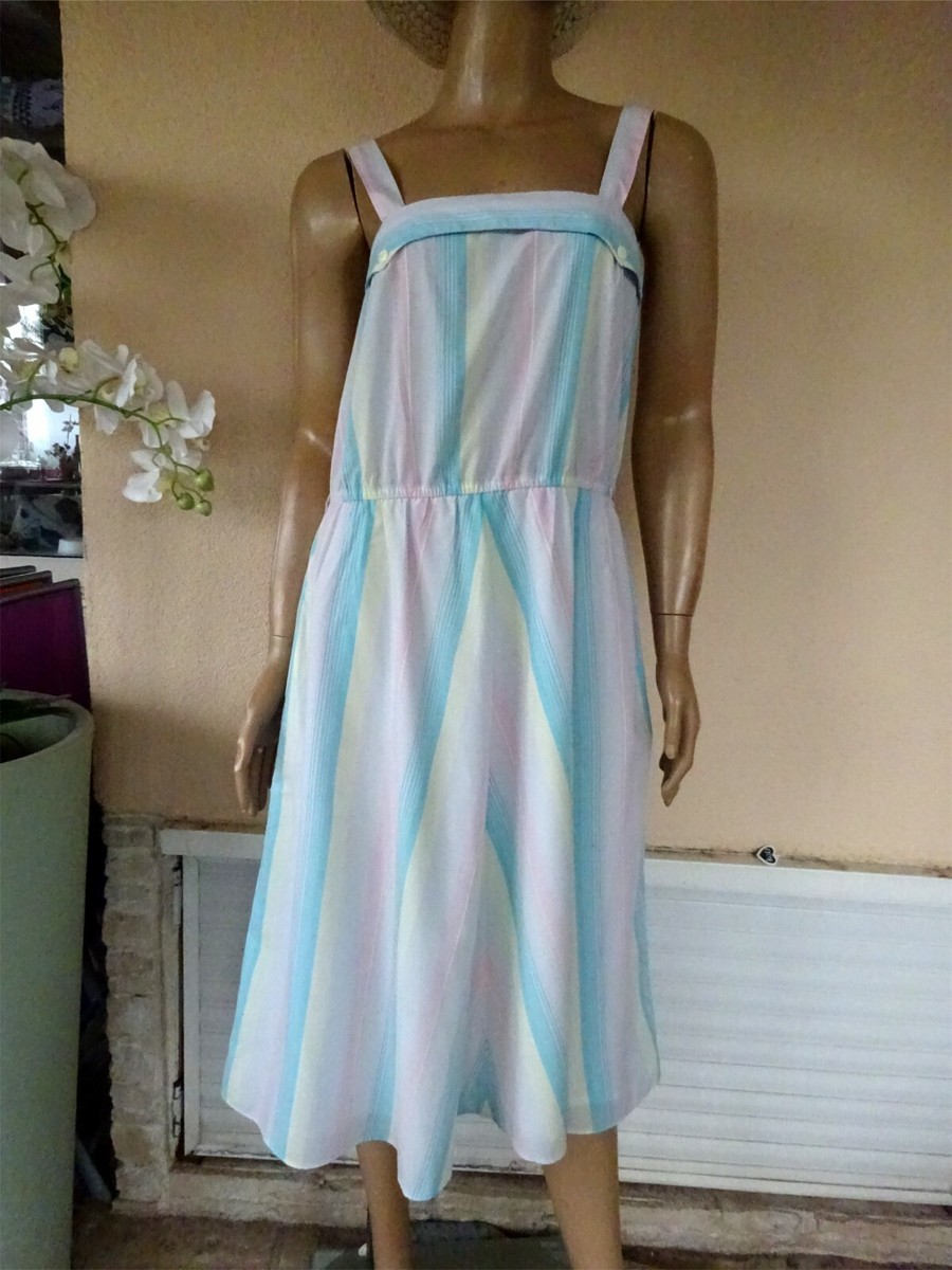 Robe D'été Vintage Gaufrée à Rayures Rose Et Blanc - Taille 38/40/42, Sans Manches, Marque Etam, Parfait état