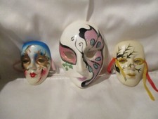 Set of 3 Porcelain Hanging Mardi Gras Masks 2 4"  1 6" All in good Condition