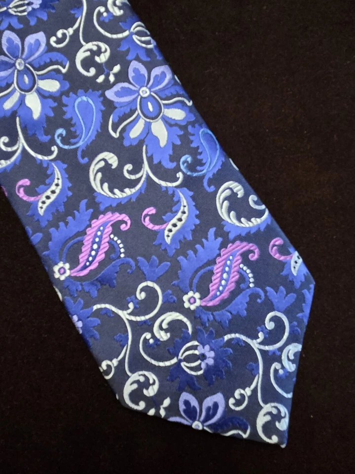 Corbata de seda XMI platino azul marino, azul, plata, violeta cachemira floral 59/3,5 Foto 3 de 4