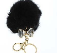Rhinestone Bling Gold Tone Key Chain Fob Purse Charm Pom Pom Puff