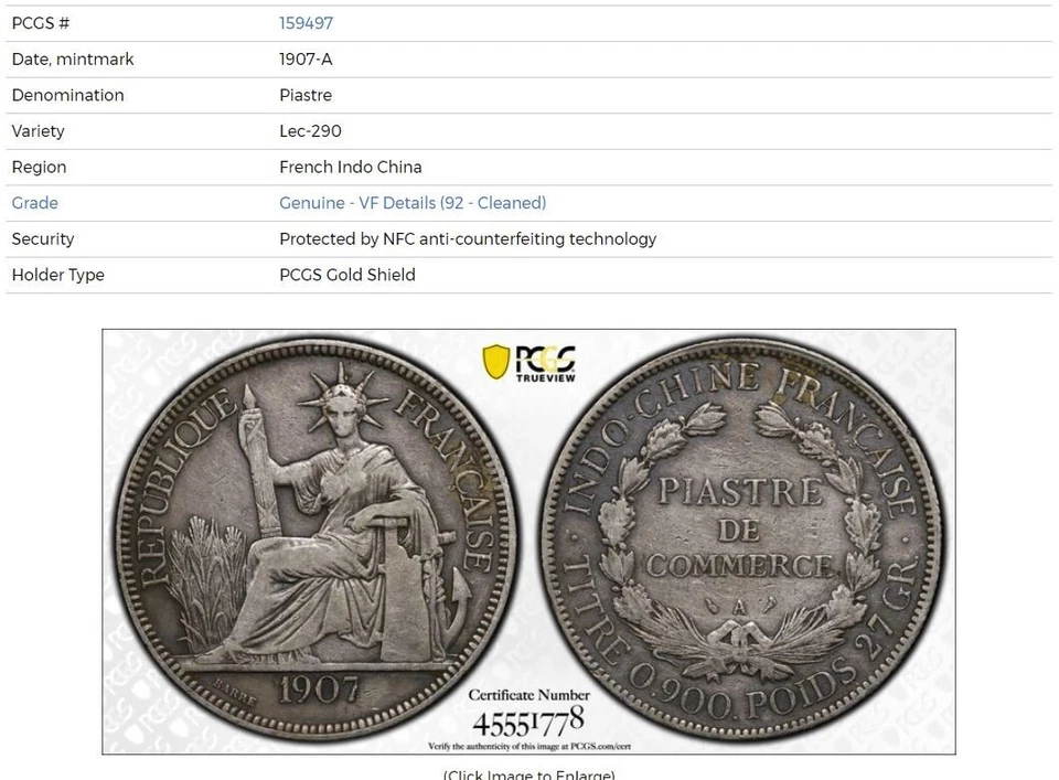FRENCH INDO-CHINA Silver Piastre, 1907-A. PCGS VF Detail Cleaned Gold Shield - Image 3 of 4