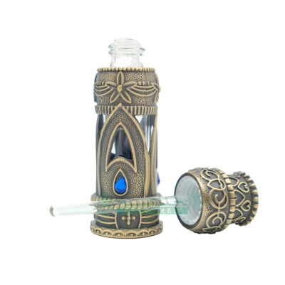 6ml Arabesque Attar Perfume Bottle Antique Brass Empty Dipper Vial Blue Accents