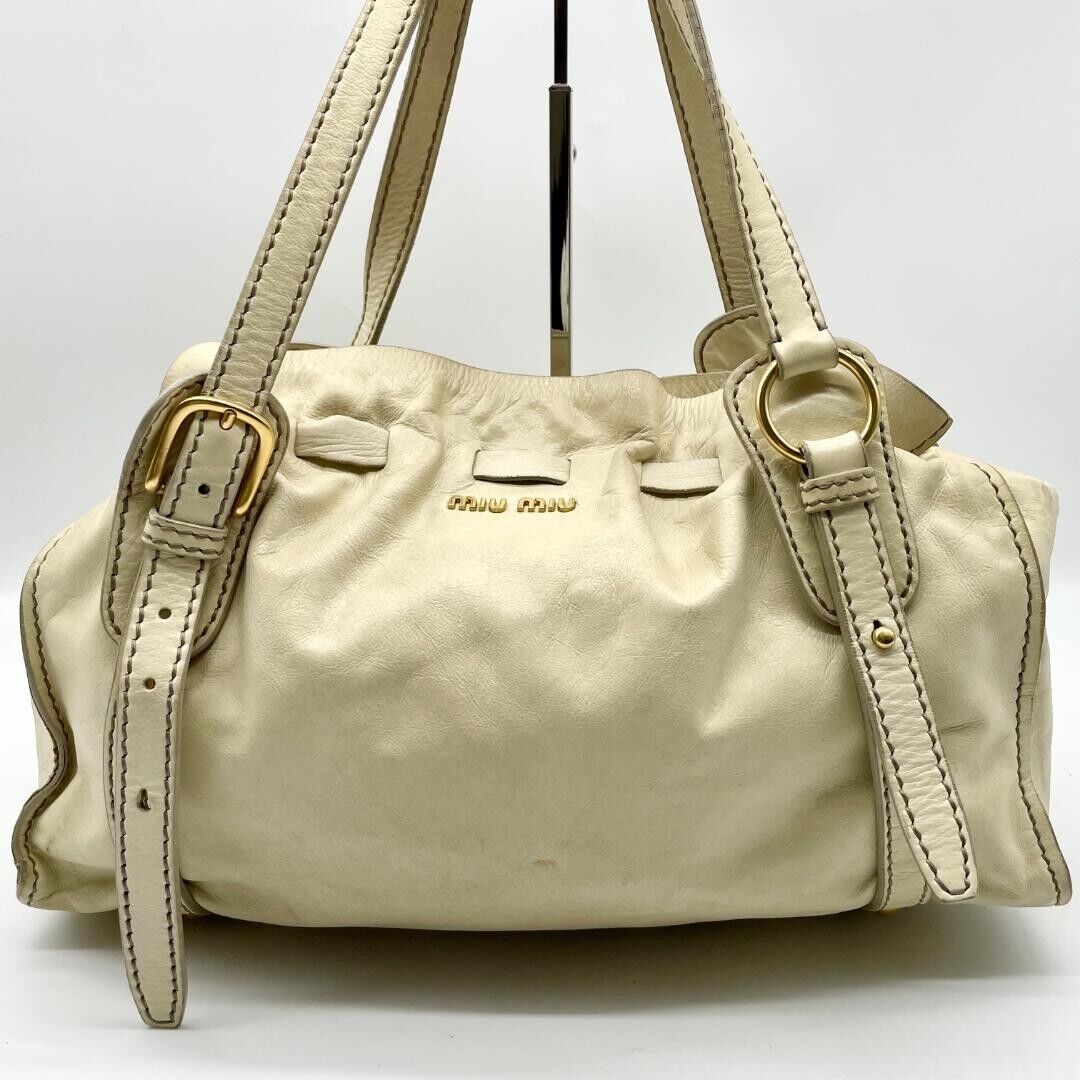 Miu Miu Hand bag Beige Tote Shoulder bag Leather Ribbon Y2K Miu Miu Hand bag Beige Tote Shoulder bag Leather Ribbon Y2K