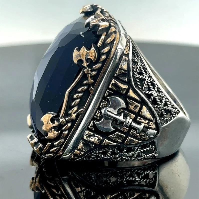 Anillo de piedra de circón modelo hacha de zafiro grande de plata 925 para hombre Foto 3 de 4