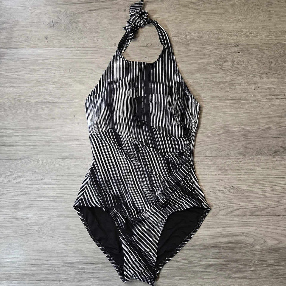 Traje de baño Calvin Klein fruncido negro blanco abstracto halter de una pieza nuevo con etiquetas talla 4 Foto 2 de 4
