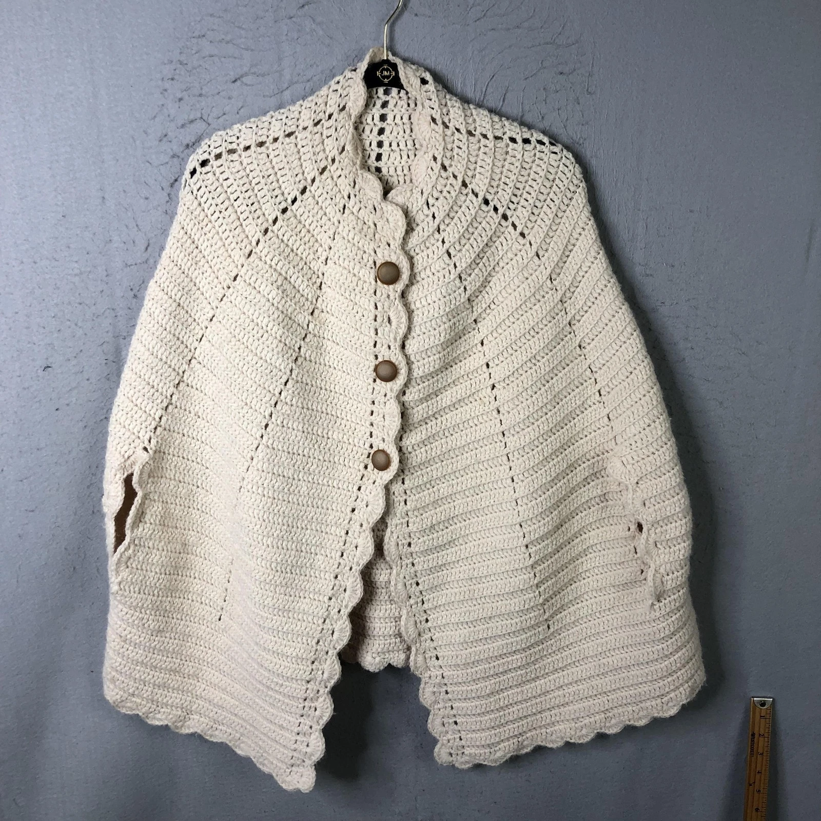 Handmade Crochet Cape Poncho Womens One Size Cream Grannycore Boho Hippie