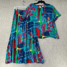 VTG Jennifer Lauren 2 PC Multicolor Set Skirt & Top Crinkle Artsy Abstract SMALL