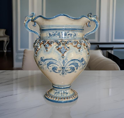 Keramikvasen von Caltagirone Übermobile Vase Smaragd blaue Griffe bemalt a