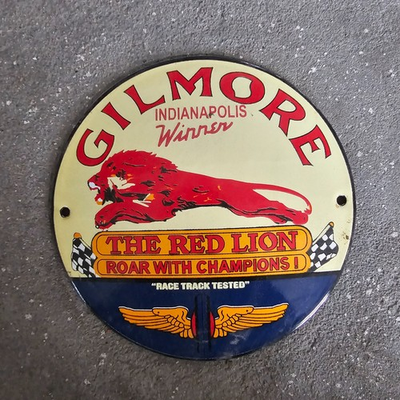 #ad #ad VINTAGE GILMORE RED LION OLD US GASOLINE OIL GAS PUMP ENAMEL PORCELAIN SIGN $149.99