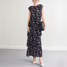 Womens Dress Summer Fashion Retro Floral Chiffon Waist Slimming Long Skirt Dress