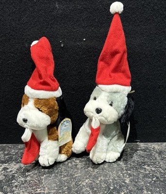 Vintage Salco Little Meadow x2 Plüsch Hunde Welpen gekleidet für Weihnachten Ref Pc10