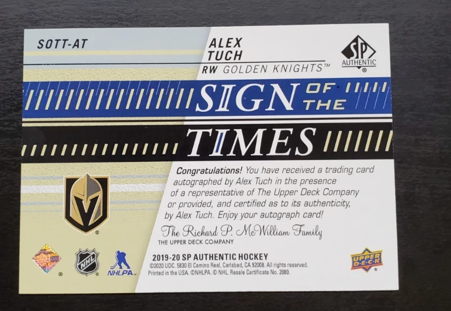2019-20 SP Authentic Alex Tuch Sign of the Times Auto #SOTT-AT Golden Knights - Image 2 of 2