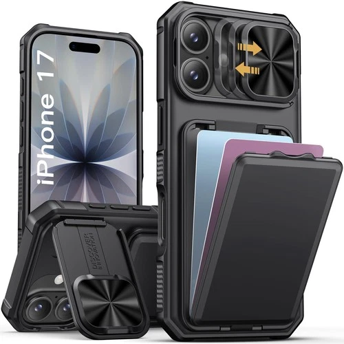 iPhone 17 Wallet Case Card Holder Camera Stand Slide Cover Shockproof Heavy