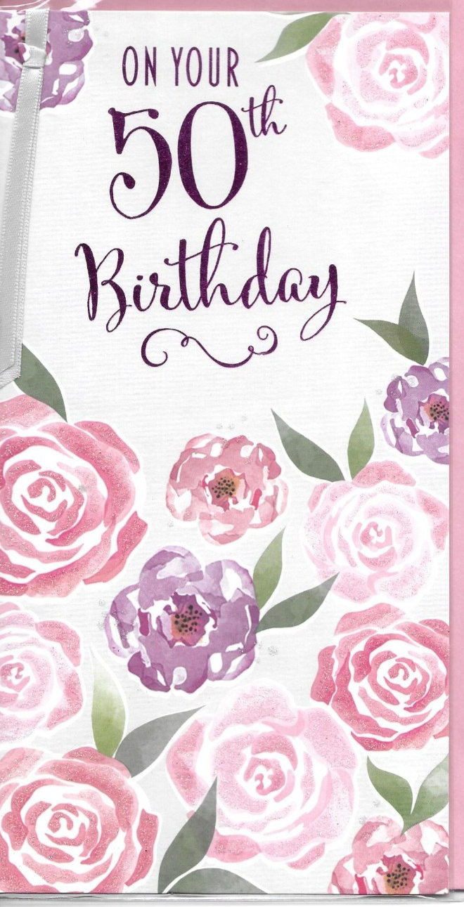 Open 50th birthday card for a Lady Woman Female flower & ribbon ~ paper insert
