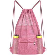 Mesh Drawstring Backpack Bag, Gym Sports Bag with Zipper Pocket Bottle Holder...