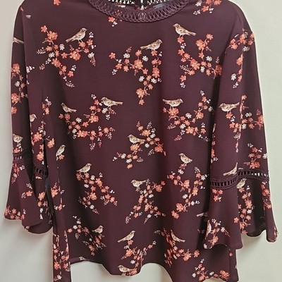 Primark Maroon Blouse With Flowers And Crochet Sleeve SZ 12 NWT