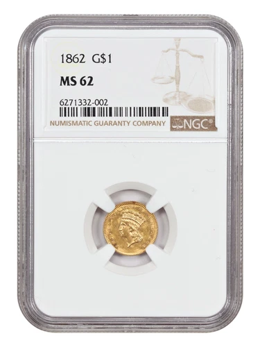 1862 GOLD INDIAN PRINCESS HEAD LARGE HEAD $1 NGC MS 62