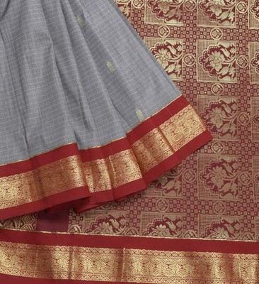 Sushila Vintage Grey Kanchipuram Saree contrasting Red Zari Border Art Silk Sari