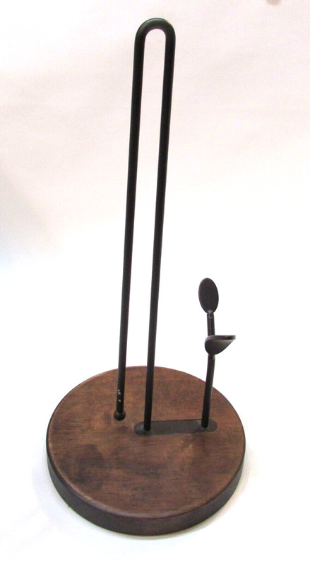 Vintage Discontinued HoroM Black Iron Wood Base Paper Towel Holder Vertical Rack