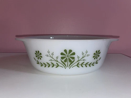 Vintage Glasbake 1 1/2 Qt Green Daisy Round Casserole Baking Dish #J2600