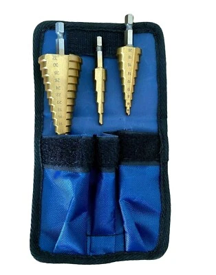 ANGEL GROUP 3PC HSS STEP CONE TITANIUM DRILL BIT SET 4-32MM HOLE CUTTER + STORAGE POUCH UK