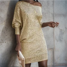 Women's Fashion Glitter Sequin Off Shoulder Long Sleeves Short A Line Dress 0288