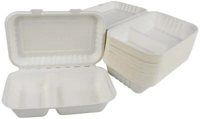 CATERGOLD Biodegradable Bagasse Clamshell 2 Compartment Takeaway 10"x6" Food Burger Box
