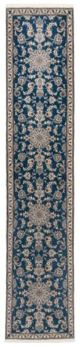 Tapis persan noué à la main Nain 374 x 78 cm - fin, tapis oriental, tapis, coureur, bleu - Photo 1/9