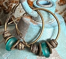 Teal Sea glass and Bronze Lever Back Hoop Earrings