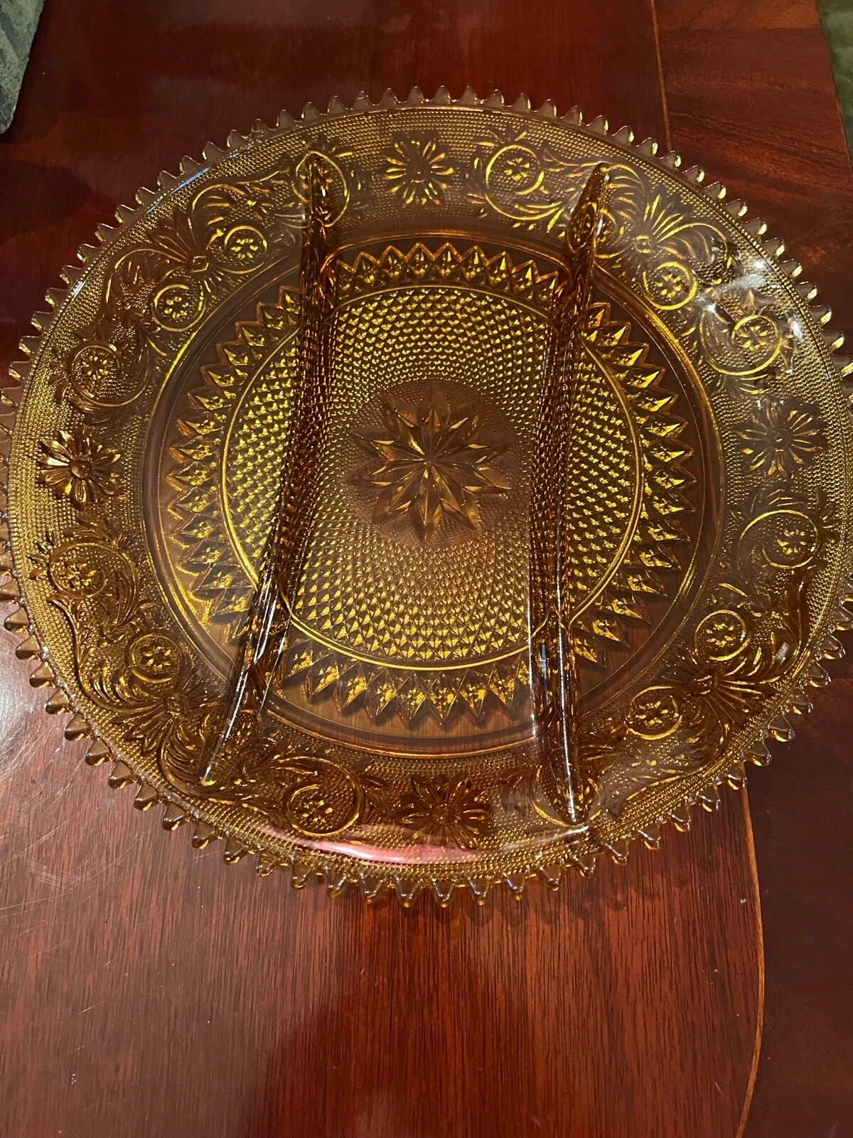 Indiana Tiara Amber Glass Sandwich Starburst Divided Serving Dish / Plate 12”