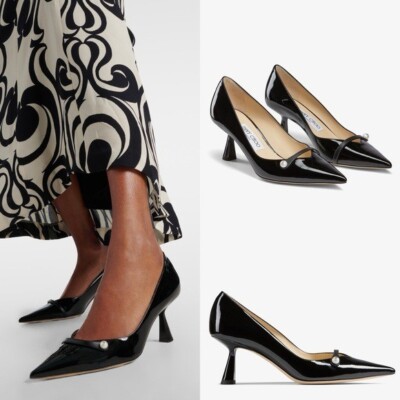 JIMMY CHOO  Rosalia パンプス Black Patent Pointed Pumps with Pearl Detail | ROSALIA 65