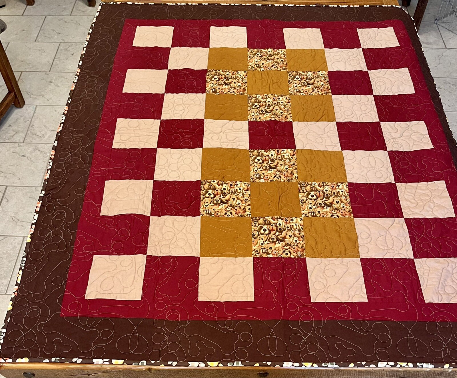 Dog themed Cotton Lap Quilt 51" x 62" Brown, Maroon, Tan eBay