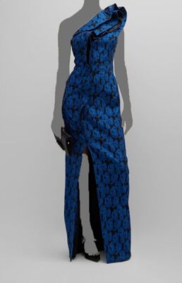 Rickie Freeman by Teri Jon Women's Blue Jacquard Ruffle Trim Gown Dress Size 14