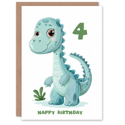 Karte 4. Geburtstag süß blau Baby Dinosaurier Cartoon Kinder Alter 4 Jahre Kind