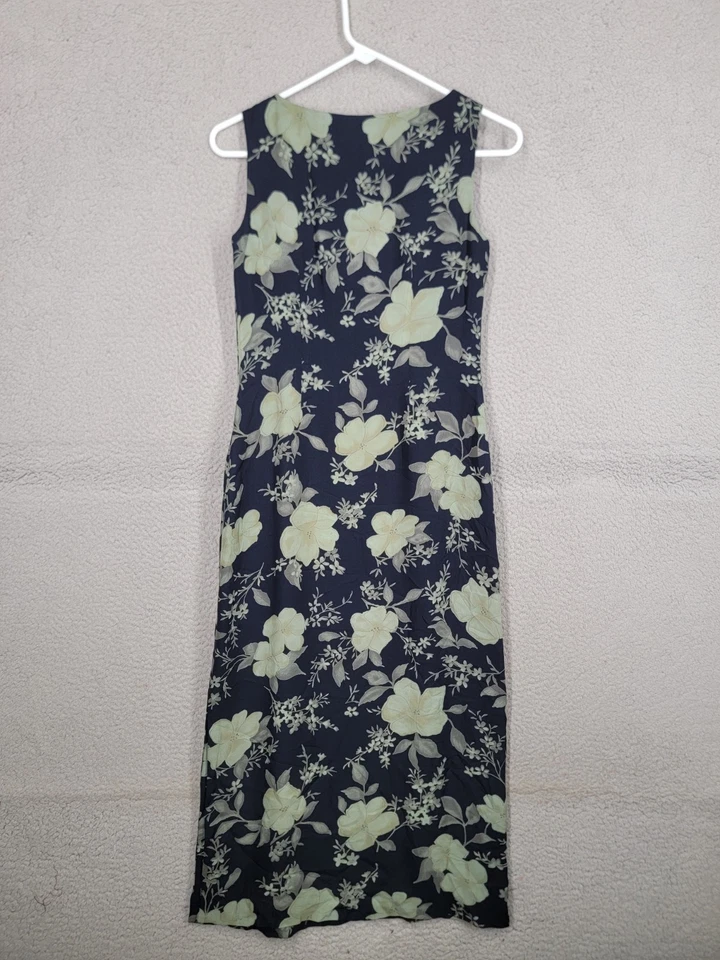 Vestido Vaina Floral Vintage Años 90 Seda Talla 0 Pequeño Sofisticado Cuello Barco Azul Foto 2 de 4