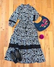 Chico's Black White Paisley V-Neck 3/4 Sleeve Button Midi Dress Crochet S