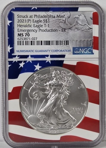 2021 (P) Eagle S$1 MS 70 Early Release, Emergency Production T-1  NGC Flag Core
